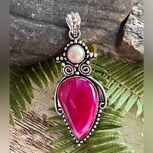 Botswana Pink Agate & Natural Pearl 2.5” Gemstone Sterling Silver Pendant